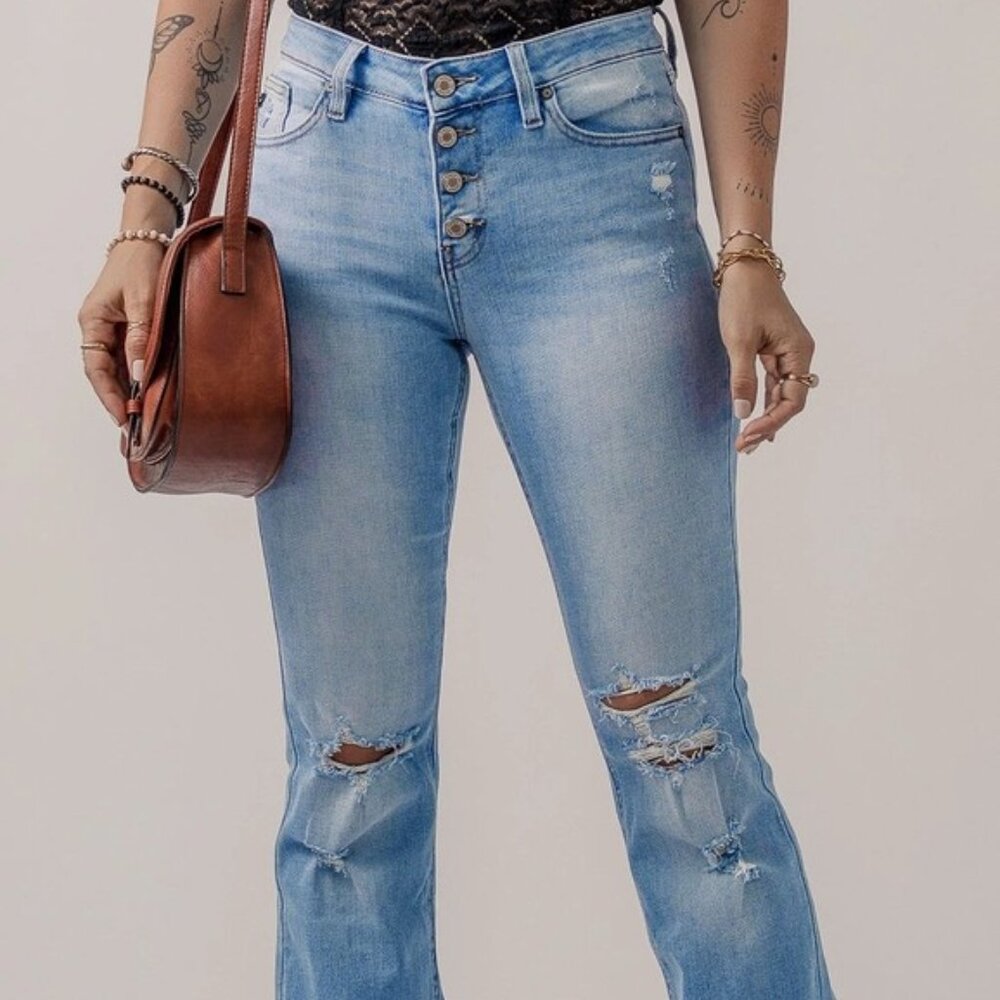 Beau Blue High Waist Button Front Ripped Flare Jeans